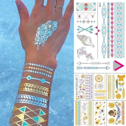 Waterproof Temporary Tattoo Sticker Metal Gold Silver Eye Bracelet Anchor Feather Flash Tatoo Women Henna Body Art Fake Tatto