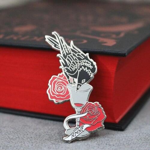 Funny Crow Drinks Wine Hard Enamel Pin Kawaii Cartoon Animal Black Birds Brooch Gothic Red Rose Flower Plant Badge Jewelry