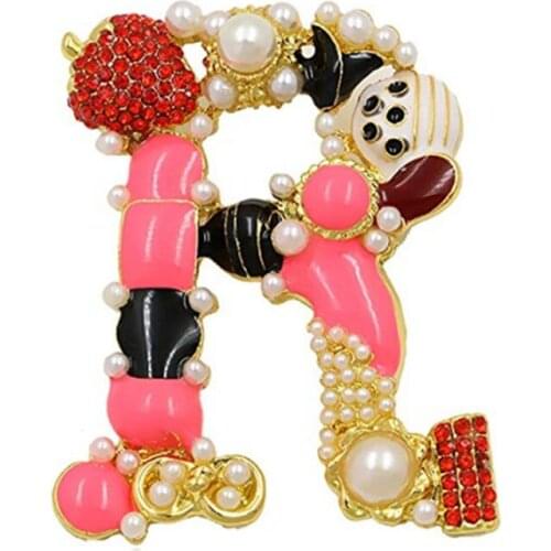 Luxurious crystal Brand letter Brooches pink enamel english Letter R Brooch Pins for Women Party pearl letter breastpin jewelry
