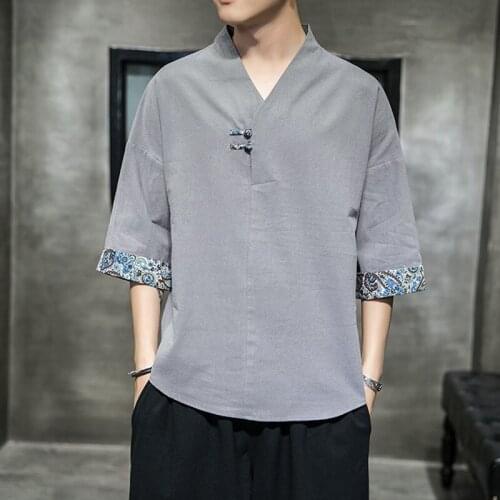 Oriental Shirts For Men Hanfu Chinese Style Men Shirt Cotton Linen Streetwear Men Shirts Casual Kung Fu Clothes Tang Suit 30393