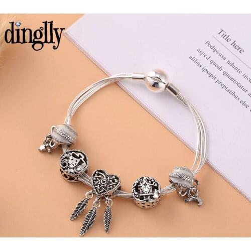Dinglly New 3 Snake Chain Charm Bracelets For Women Original Heart Dreamcatcher Beaded Silver Color Bracelet Fashion Jewelry