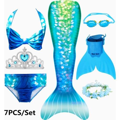 HOT!Girls Mermaid Tail with Fins Crown Goggle Garland for Kids Swimwear Mermaid Tail Clothing Costume Bikini Bathing Suit