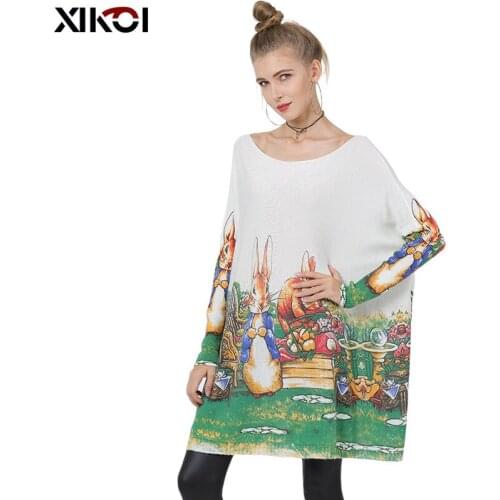 XIKOI Women Cute Rabbit Oversived Knitted Sweater Dress Winter Warm Wool Pullovers Slash Neck Pull Femme Animal Print jumper New