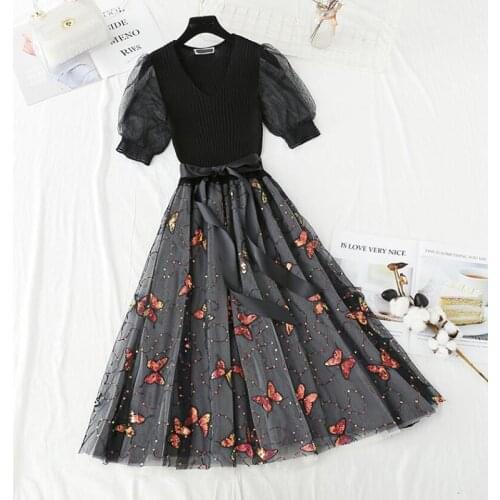Summer Dress 2021 New Women Knitted patchwork Lace Embroidered Elegant A-line Dress High waist Vintage Black Long Dress
