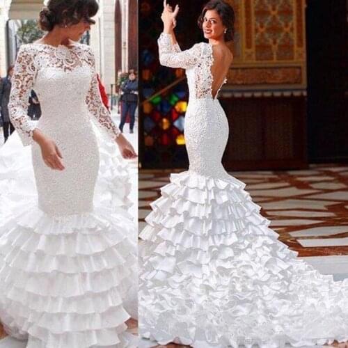 2019 Classic Vintage Lace Wedding Dresses Illusion Long Sleeves Backless Tiered Skirts Sweep Train Mermaid Wedding Dresses Brida