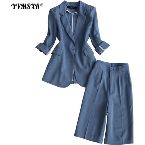 2021 High-end Summer Commuter Workplace Striped Fashion Suit Suits Casual Versatile High Waist Five-point Pants Two-piece Sey