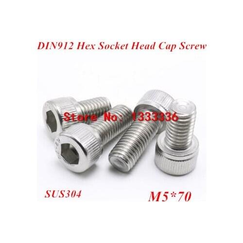 50pcs M5*70 Hex socket head cap screw, DIN912 304 stainless steel Hexagon Allen cylinder bolt, cup screws
