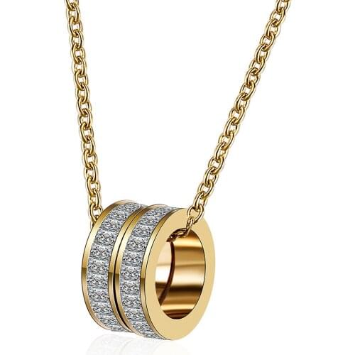 Stainless Steel Gold Color Double Round Circle Pendant Zircon Chain Necklace Fashion Women Jewelry Gift