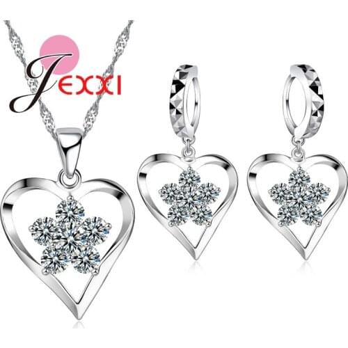 Beautiful Heart Shape Fashion Women 925 Sterling Silver Jewelry Set for Engagement Pendant Necklace Earrings