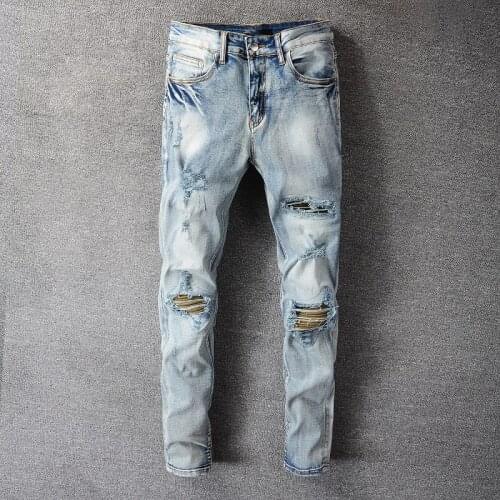 ERENEJIAN Mens Hi Street Ripped Patchwork Jeans Pants With Holes Fashion Brand Designer Destroyed Denim Trousers Washed Blue