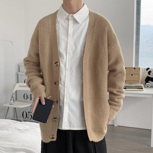Autumn New Casual Men Cardigan Single Breasted V-Neck Trendy Handsome Simple Design Harajuku Men Black Khaki Sweaters Coat