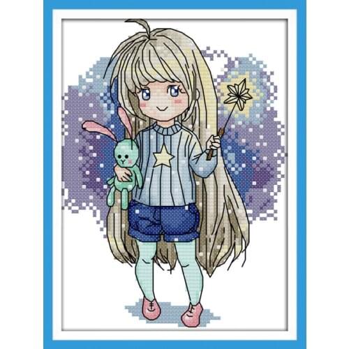 Magical Girl Printed Canvas DIY Cross Stitch Embroidery Kit DMC 14CT Cartoon Counted Cross Stitch Set Home Decor Handmade Crafts