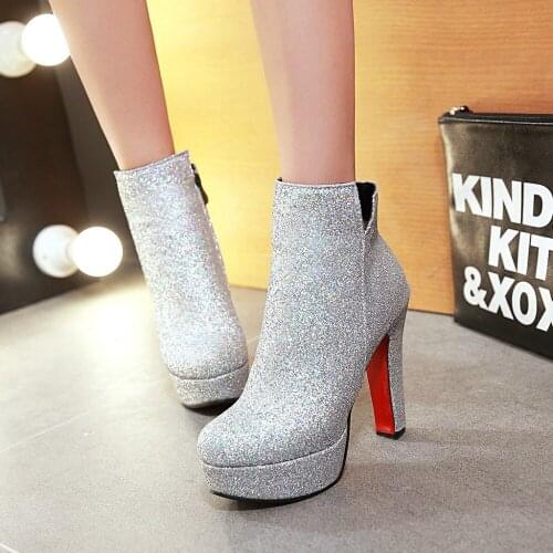 Autumn Fashion Chelsea Boots 2019 New Dropshipp Low Heel Boots Zipper Women Round Toe Square heel Sequin Boots Plus Size 34-43