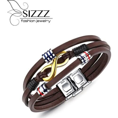 SIZZZ 2017 Retro Brown Titanium Steel Infinite "8"-character Leather Bracelet&Bangles For Men