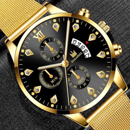 Luxury Business Stainless Steel Fashion Mesh Band Mens Watches Diamond Calendar Quartz Wrist Watch Casual Clock Hot Dropshipping