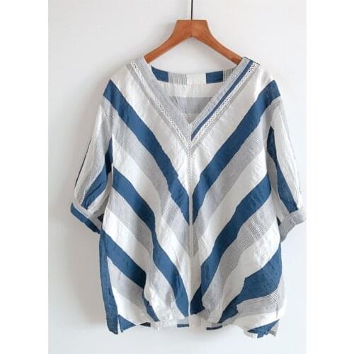 2020 new Summer Women Blouse Literary Cotton linen Thin V-neck Stripe Back Button Loose Short Sleeve Shirt Women