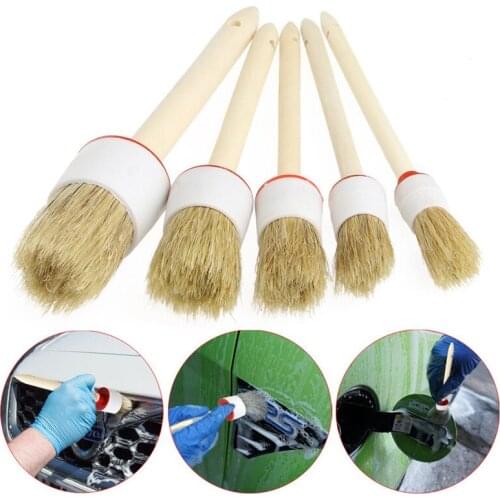 Car Wash Brush Cleaning Round Head Wood Handle Beige Faux Bristle Wheel Cleaning Brush For Dash Trim Seats Handy Washable Auto