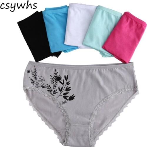 CSYWHS Sexy Briefs Cotton for Women Lace Mid-rise Panties Underwear Womens Printing Lingerie Panties Plus Size 2 3 4xl 6pcs/lot