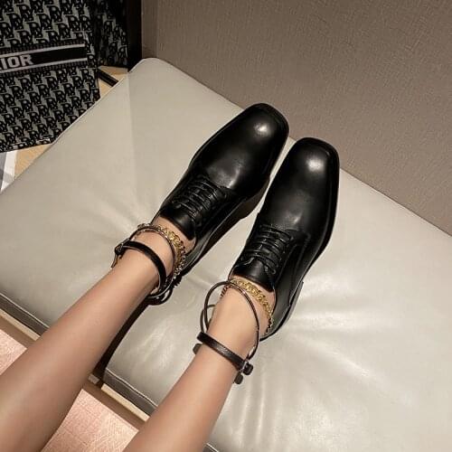 Brand British small leather shoes for women 2021 new versatile leather square head metal chain single shoes free of shipping