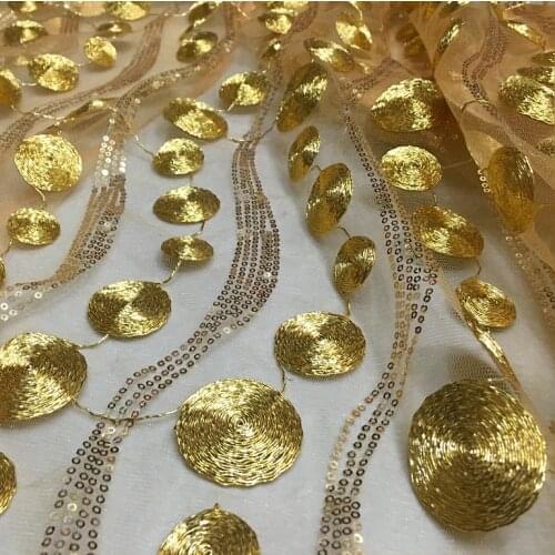 High-grade gold sequins beads yarn lace embroidery garment cloth paving fabric embroidered skirt circle wave