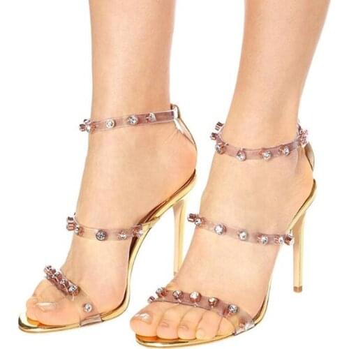 2020 PVC Sandals Crystal Open Toed Patchwork Gold Sandals Rivets Studded Stiletto High Heeled Wedding Woman Dress Shoes
