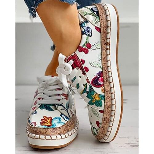 2021 Women Sneakers Lady Vulcanized Shoes Elegant Floral Printed Lace-up Female Platform Shoes Fashion Women Casual Footwear