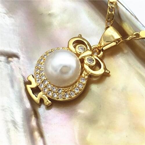 Ladys 5 colors new white/black/purple/grey/pink 14mm natural freshwater pearls 18kgp inlay zircon owl pendant with chain 08