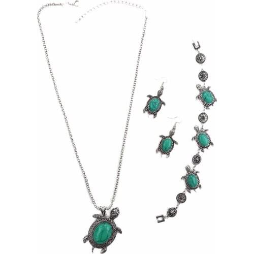 1Sets Bohemian Style Unique Turtle Tortoise Green Stone Jewelry Sets Necklaces Earrings Bracelets Sets Lovely Women Jewelry