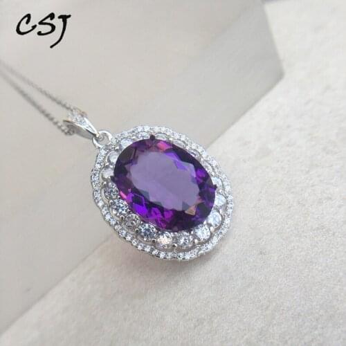 CSJ Fine Jewelry Amethyst quartz gemstone noble good Oval12*16mm Pendant or necklace Sterling 925 Silver For Women Lady Gift box