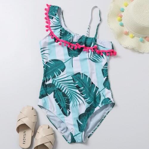 2021 New Big Childrens Swimsuit Female Green Leaves For Girls' Swimsuit Stripped With Sling One-piece 7-14years TB020