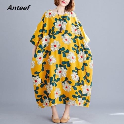 Yellow cotton linen vintage floral plus size women casual loose long summer dress elegant clothes 2021 ladies dresses sundress