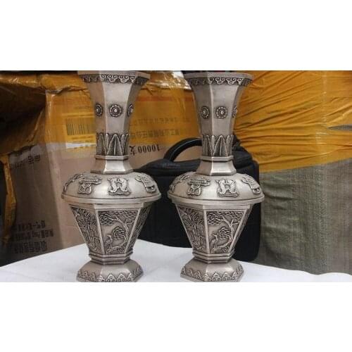 11 Tibet Copper Bronze Silver Eight Treasure Magpie Flower bird Bottle Vase Pair