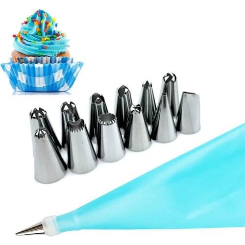 14pcs/Sets Cooking Bag + Piping Nozzles Stainless Steel Cake Decorating Tips Set Confectionery Pastry Cream Baking DIY Tools New