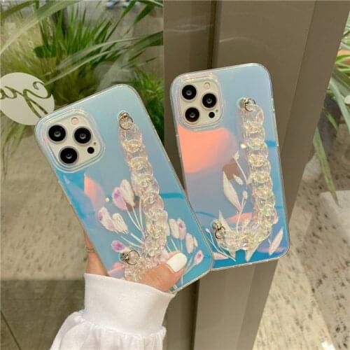 Glitter Glossy Tulip Phone Case for iPhone11 Pro Max 12 Mini 7 8 Plus X XS XR Clear Blu-ray Chain Soft Back Cover with Bracelet