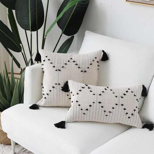 White Black Geometric Cushion Cover 45x45Cm / 30x50cm Hand embroidery Tassels Pillow cover Woven For Home Decoration Sofa Bed