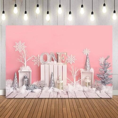 1st Birthday Pink Girl Backdrop for Photography Winter Snow Newborn Kids Portrait Birthday Photo Background Studio Photocall
