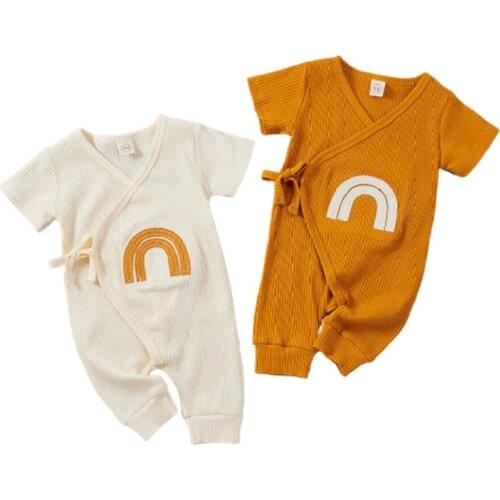 Baby Boys Girls Rompers Ribbed Knitted Lace-up Side Snap Rainbow Print Jumpsuits Overalls Sunsuits Outfits Childrens Clothing