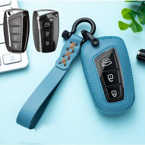 Leather Car Key Case Cover For Hyundai Solaris HB20 Veloster SR IX35 Santa Fe IX45 Accent Elantra i30 For KIA RIO K2 K3 Sportage