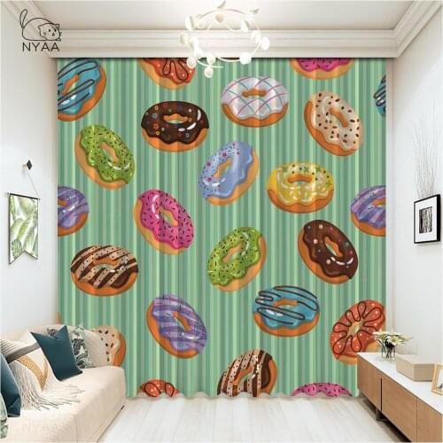 Cute Donut Cartoon Curtains For Kitchen Short Hotel Cafe Black Curtains French Window Printed Living Room Curtain Micro Shading