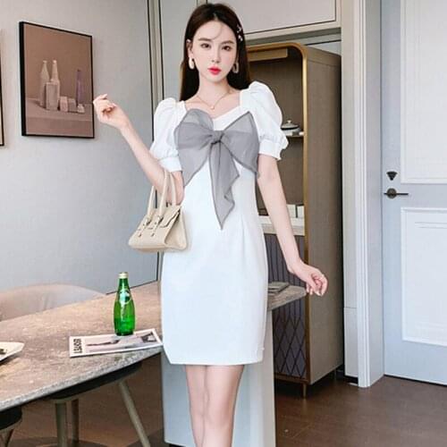 Fashion Korean Vintage Square Collar Puff Sleeve Mini Party Club Dress Ladies Elegant Casual Coffee Break Chic Bow Beach Dress
