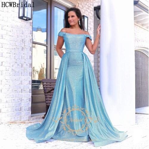Mint Blue Glitter Long Evening Formal Dress Detachable Train Off The Shoulder Girls Graduation Dresses Plus Size Prom Party Gown
