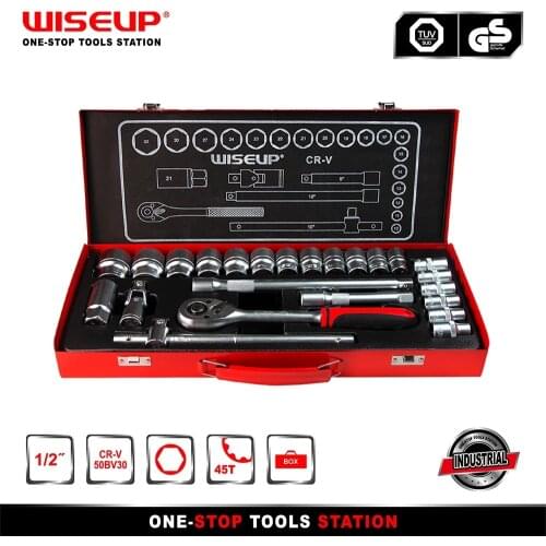 WISEUP 24PCS Crv Sockets Tool Set Torque Wrench Socket Set 1/2" Ratchet Wrench Socket Spanner With Tool Box Muti Function
