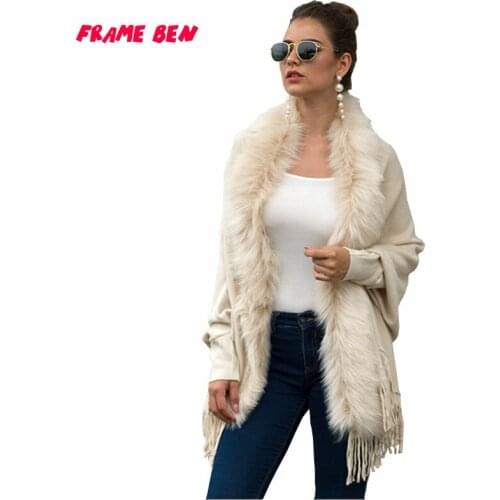 FRAME BEN 2019 NEW Autumn and Winter Tassel Long Batwing Sleeve Cloak Shawl Fur Collar Cloak Solid Color Cardigan Sweater