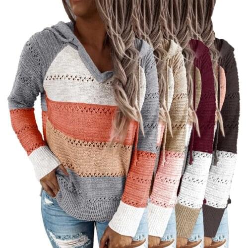 2021 New Wholesale Winter Fall Women Long Sleeve Striped Knitted Loose Oversized Pullover Hoodie Sweater