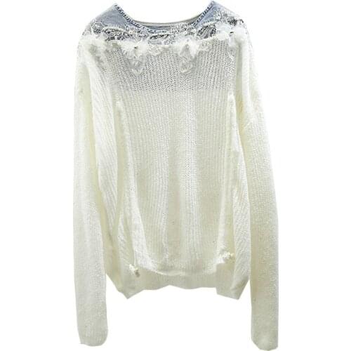 Plus Size Sweater Woman New Beaded Diamond Three-dimensional Flower Denim Patch Round Neck Drawstring Pleated Sweaters
