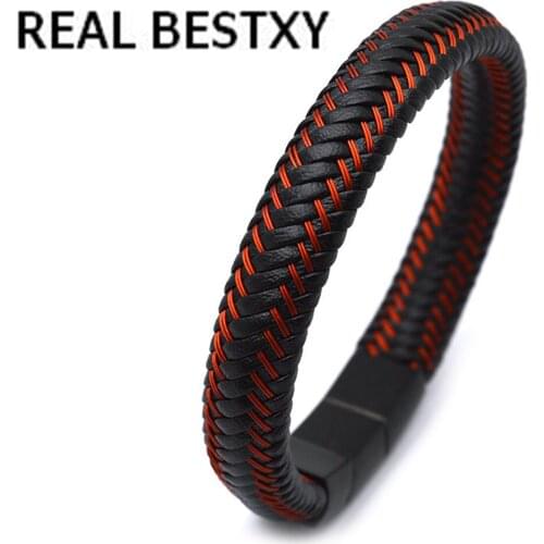 REAL BESTXY Bracelets & Bangles Stainless Steel Leather Bracelet Men Jewelry Punk Men Bracelet Black Charms Fashion Bangles