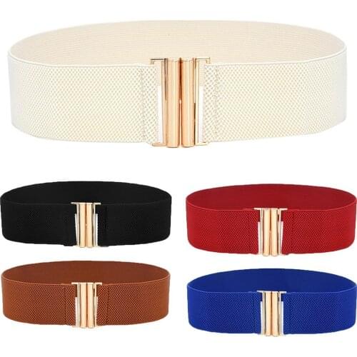 Lady Solid Color Buckle Wide Faux Leather Elastic Waistband Belt for Jeans Pants students simple Circle Pin Buckles women belt