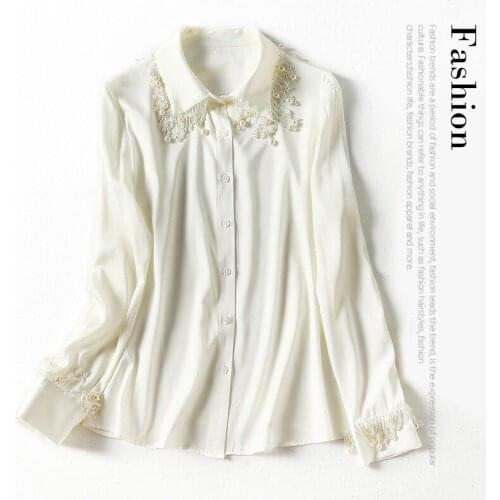 High Quality Autumn 2020 double Qiao satin silk shirt womens long sleeve new fashion Beaded Lapel mulberry silk top