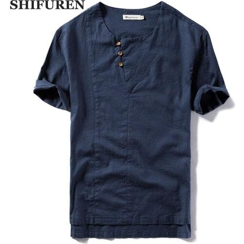 SHIFUREN Summer Causal Men Shirts Short Sleeve Soft Breathable Thin Cotton Linen Dress Shirts Retro Collar Mens Clothes Shirts