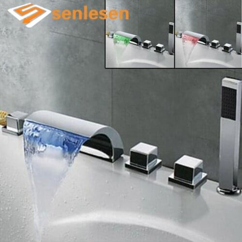 Senlesen 5 PCS Bathtub Faucet LED Waterfall Spout Mixer Taps Chrome Brass Bathroom Shower Faucet with Hand Shower